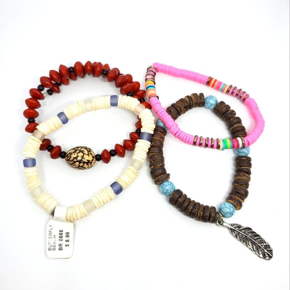 Boho Stretch Coil Bracelet Lot Bundle Wood Glass Shell Nut Mixed Media Bohemian
